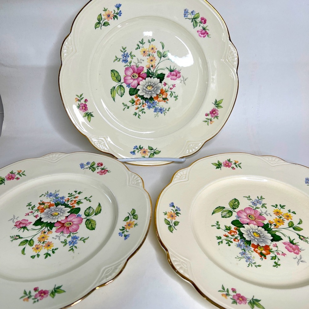 Homer Laughlin Floral Dinner Plates with Gold Trim